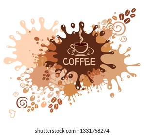Coffee cup and beans. Chocolate swirl background. Menu for restaurant, cafe, bar, coffee shop, tea-house. Horizontal Banner. Web banner design background for header Templates. Vintage restaurant menu.