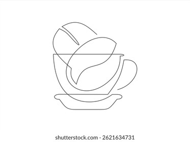 Coffee cup with coffee beans continuous one line drawing, Single line art, Linear style, Editable stroke, isolated on a transparent background