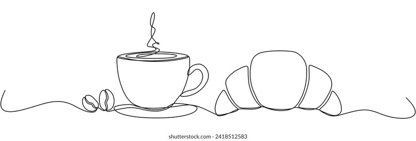 Coffee cup with beans and croissant continuous line drawing. Vector illustration isolated on white.