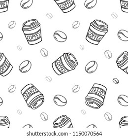 Coffee cup with beans is drawn by hand on the tablet. Seamless pattern background. Vector illustration. 