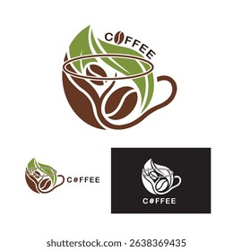 Coffee cup with beans and green leaves forming "Coffee" text, ideal for cafe logos, organic drink branding, or eco-friendly themes.