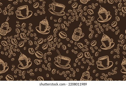 Kaffee Cup und Bohnen handgezeichnet Stil. Vektorgrafik.	