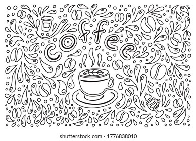 Coffee cup and beans hand-drawn background. Vector doodle sketch in black and white.