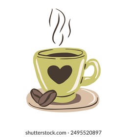 Coffee cup with beans and heart isolated on white background