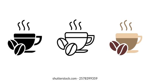 Coffee cup with beans icon. Hot cappuccino or latte mug illustration. Coffee break symbol. Caffeine beverage with steam sign.