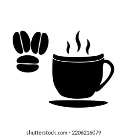 Coffee cup and coffee beans icon isolated on white background.Mug with coffee bean silhouette sign.Barista or cafeteria black symbol.Cup of coffee takeaway menu for restaurant, bar, coffeehouse.Vector