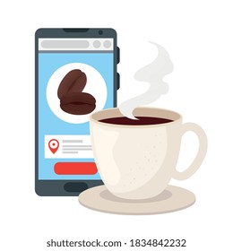 taza de café y frijoles dentro del diseño de smartphone de bebida cafeína desayuno y bebida tema Vector ilustración