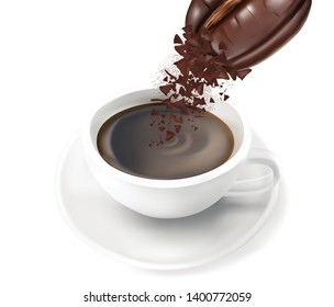 Coffee Cup with coffee beans isolated on white background, view from top. of free space for your copy and branding. Food concept template. 