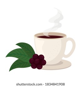 coffee cup with beans and leaves design of drink caffeine breakfast and beverage theme Vector illustration