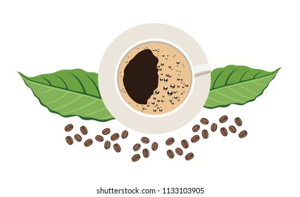 Coffee cup and coffee beans with leaves of coffee vector on top view, Illustration.