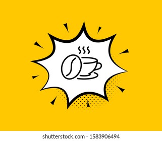 Coffee cup with beans line icon. Comic speech bubble. Hot cappuccino sign. Tea drink mug symbol. Yellow background with chat bubble. Coffee cup icon. Colorful banner. Vector