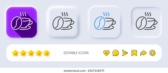 Coffee cup with beans line icon. Neumorphic, Flat shadow, 3d buttons. Hot cappuccino sign. Tea drink mug symbol. Line coffee cup icon. Social media icons. Vector