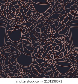 Coffee Cup, Beans. Line Print. Vector Abstract Illustration. Texture Background For Cafe Design. Aroma Breakfast With Espresso, Americano