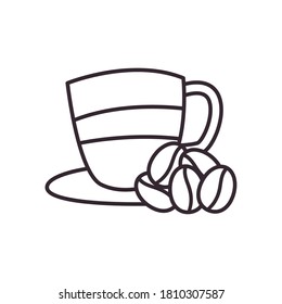 Coffee cup with beans line style icon design of time drink breakfast beverage shop morning store aroma and caffeine theme Vector illustration