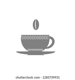 Coffee cup with beans. Logo grey сup with hot coffee and saucer. Vector template icon.