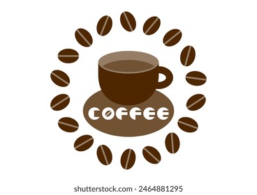 Coffee cup and coffee beans logo illustration. Vector illustration. Circular frame of coffee beans. Circular typography with coffee beans. White background.