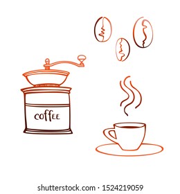 Coffee cup with coffee beans and mill in sketch style. Hand drawn style. Line art. Colorful vector illustration on white.