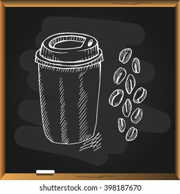 Coffee cup and beans on blackboard background. Free hand drawn. Vector illustration. 