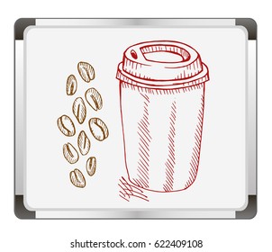 Coffee cup and beans on flip chart background. Free hand drawn. Vector illustration.