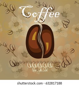 Coffee cup and coffee beans on golden background with spring flowers. Creative design cafe idea. Coffee or any hot beverage icon. 