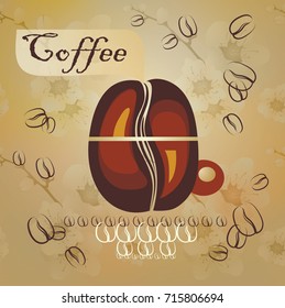 Coffee cup and coffee beans on golden background with flowers. Creative design cafe idea. 