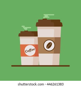 Coffee cup with coffee beans on green background. Flat vector illustration