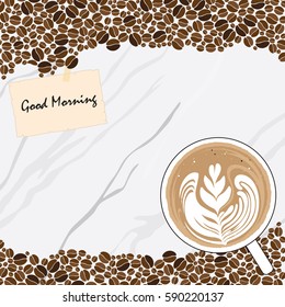 coffee cup and coffee beans on marble background vector