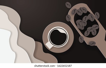 Coffee cup and beans on old kitchen table. Top view paper cut art style