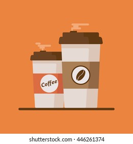 Coffee cup with coffee beans on orange background. Flat vector illustration