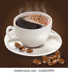 Coffee cup and coffee cup Coffee beans on the side On a brown backdrop