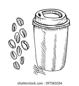 Coffee cup and beans on white background. Free hand drawn. Vector illustration. 