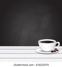 coffee cup , beans on white wood desk for product placement , black board background vector illustration