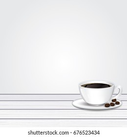 coffee cup , beans on white wood desk for product placement vector illustration