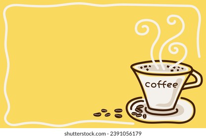 Coffee cup with beans on a yellow background with copy of the text space.	
