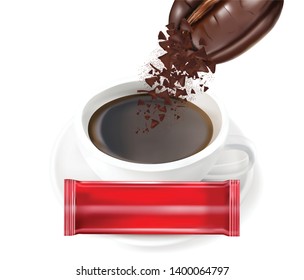 Coffee Cup with coffee beans and packaging isolated on white background, view from top. of free space for your copy and branding. Food concept template.