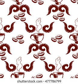 Coffee cup and beans pattern with steam swirl.