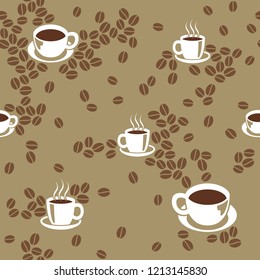 Coffee cup and beans seamless pattern. Abstract modern flat vectpr background.