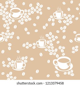 Coffee cup and beans seamless pattern. Abstract modern flat vectpr background.