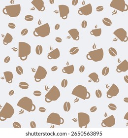 Coffee cup and beans seamless pattern. Hand drawn doodle illustration in brown and white. Perfect for cafe branding