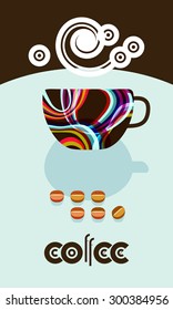 Coffee cup, coffee beans, steam over cup. Flyer, banner, menu cover design. 60s flat style. Wording for cafe logo