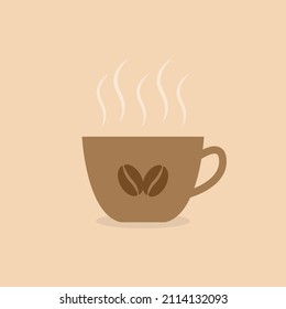 Coffee cup with beans and steam. Vector illustration of mug with hot drink. Flat brown bowl clip art