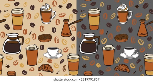 Coffee cup, beans, sweets and  coffee away seamless pattern. Vector hand drawn illustration in brown color on dark background. Pattern for package, wallpaper, wrapping paper, menu or textile design.