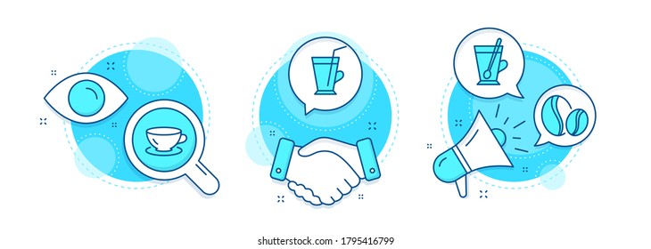 Coffee cup, Coffee beans and Tea mug line icons set. Handshake deal, research and promotion complex icons. Espresso sign. Latte drink, Whole bean, Cup with teaspoon. Food and drink set. Vector