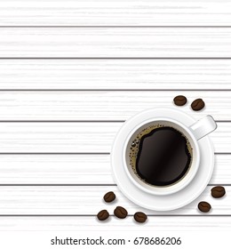 coffee cup , beans , top view on wood background vector illustration