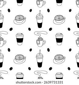 Coffee cup and coffee beans vector seamless pattern. Drip coffee, coffee mug pattern