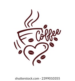 coffee cup and coffee beans. coffee word and heart symbol