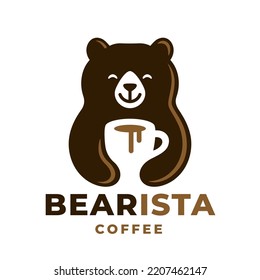 Coffee cup bear logo. Brown bear barista with coffee mug icon. Negative space hot drink symbol. Animal cafe latte emblem. Vector illustration.