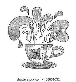 Coffee cup with a beautiful pattern. Freehand sketch with doodle element. Print on T-shirts, banners, posters, covers. Coloring page book for adults and children.