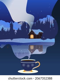 Coffee cup with beautiful Snowy winter house on river bank with smoke from chimney. Winter snow landscape silhouette. Editable vector illustration background