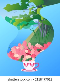 Coffee cup with beautiful spring blooming  landscape with flowers, river, trees. Editable vector illustration